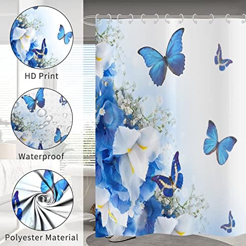 Douchegordijn, blauw 180 x 180 cm, bloemen en vlinders, natuur, droom-fantasie-tuin-badkamergordijn, waterdicht, polyesterweefsel, wasbaar badkamergordijn