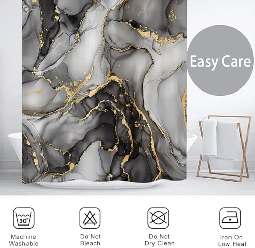Douchegordijn Marmer 180 x 200 cm, Zwart Grijs Goud Abstract marmeren badkamergordijn Luxueus Modern Esthetisch Kunstdruk Textuur Waterdicht polyesterweefsel W