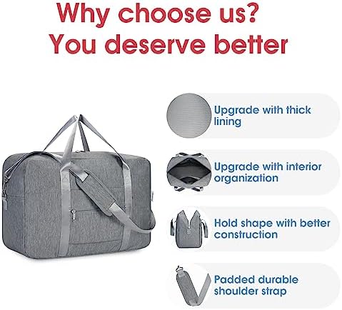 D-bagage tas voor het vliegtuig, opvouwbare reistas, weekendtas voor dames, sporttas, handbagage voor dames en heren, koffer, groot, 40 l (grijs)