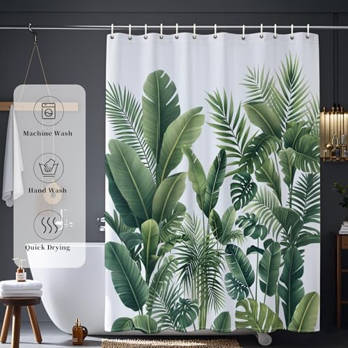 Douchegordijn, 180 x 180 cm, groene bladeren, plantenpatroon, schimmelbestendig en wasbaar, waterafstotend, badgordijn van polyester, douchegordijn, badgordijn met 12 insteekringen en douchegordijnringen