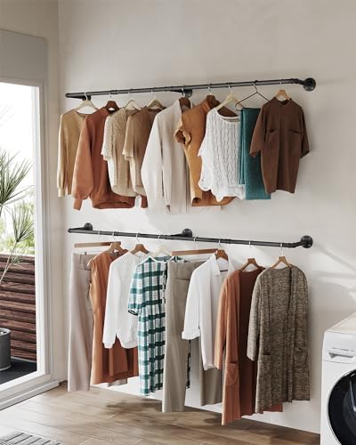 2-delige kledingstandaard, industriële kledingstang, wandgemonteerd, 66 inch buisstang om aan de muur te hangen, slaapkamer, zwarte metalen voet, 3