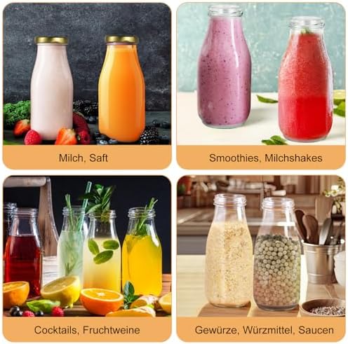 Set van 4 glazen flessen van 330 ml: smoothiefles, melkfles met deksel en rietje, herbruikbare sapflessen om te vullen met sap, smoothies, melk, voor school,
