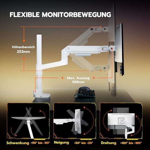 Monitorbeugel met USB A/C, monitorarm voor 17–49 inch platte, gebogen schermen, in hoogte verstelbare schermbeugel, tafelbeugel, draagvermogen max. 20