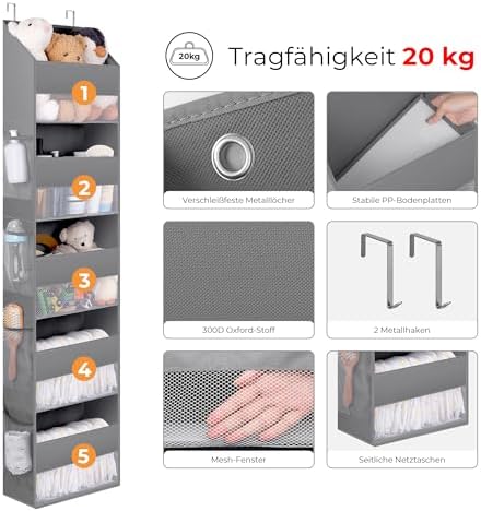 Deurhanger met 5 vakken, 1-pack Hangende opbergorganizer, grijze deurplank om op te hangen, deurorganizer, hangende organizer voor de badkamer