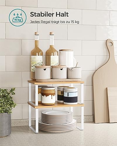 Kruidenrek, set van 4, keukenrek, keukenorganizer, uitbreidbaar, kruidenhouder, stapelbaar, met metalen frame, 19,5 x 29,7 x 15,8 cm, wolkenwit-natuurlijk