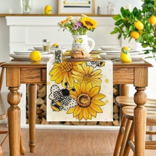 Tafelloper „Zonnebloemen en bijen“ in lente-design, seizoensgebonden zomerse keukentafelversiering, voor binnen, feestdagen, feestversiering, 40 x 140 cm