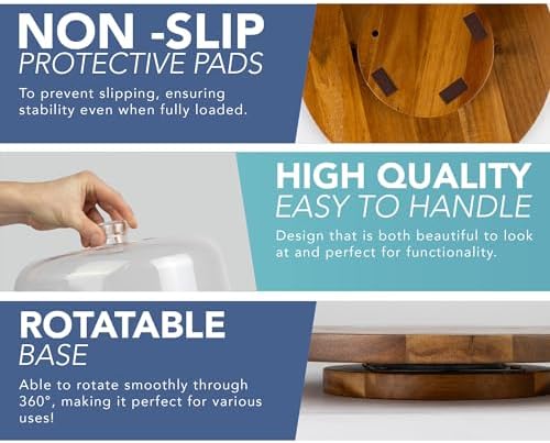 Draaibare taartstandaard met glazen kap, 10-inch taartstandaard van antislip acaciahout met heldere acrylglaskap voor taarten, gebak, kaas, ideaal voor verjaardagen