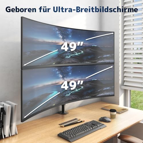 Monitorbeugel voor 2 monitoren boven elkaar voor 17–49 inch platte en gebogen schermen, verticale monitorbeugel, 2 monitoren, in hoogte verstelbaar met 20 kg per arm, VESA 75/100 mm, zwart