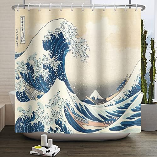 180 x 243 cm Japanse douchegordijn met zeegolven, abstracte zeegolven, houten boot, Ukiyo-e-motief, Fuji-berg-douchegordijn voor de badkamer, poly
