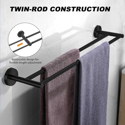 Uitschuifbare handdoekhouder, 43–72 cm, roestvrij staal 304, dubbele stangen, zwart, voor badkamer/keuken/hotel