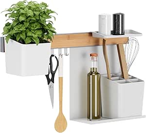Tesa keukenorganizer combiset M – zelfklevende keukenrail met kruidenpot, 2 legplanken, houder voor keukengerei, haakrail incl. 3 haken – montage
