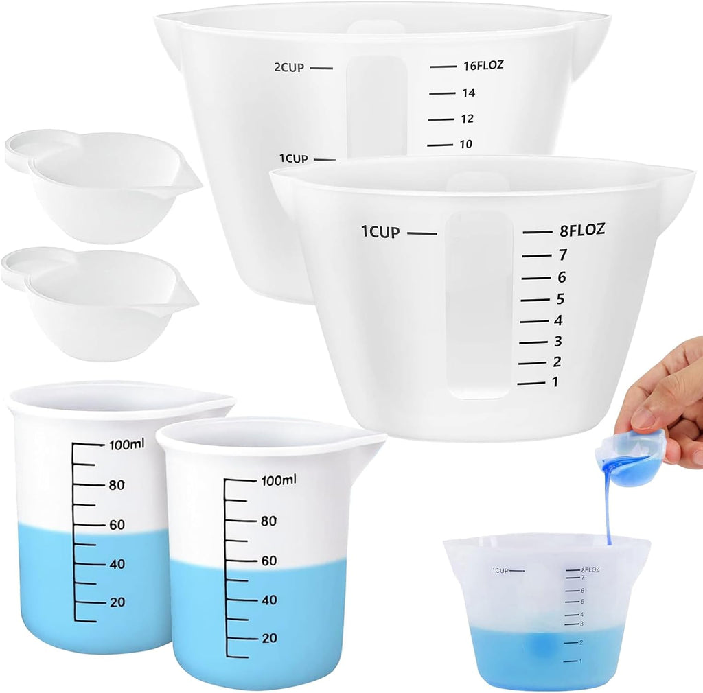 Set van 6 siliconen maatbekers – 500 ml/250 ml/100 ml/10 ml herbruikbare maatbekers met schaalverdeling – Mengbekers van epoxyhars voor doe-het-zelvers, hobbyisten, laboratoria en keukens