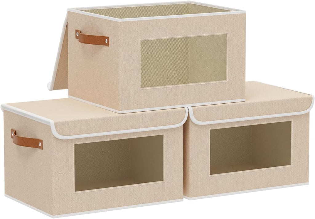 Opbergbox met deksel, stof, kastorganizer, kledingkast, opbergboxen met kijkvenster, opvouwbare box met handvat, 3 stuks, beige, 26 x 20 x 17 cm