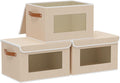 Opbergbox met deksel, stof, kastorganizer, kledingkast, opbergboxen met kijkvenster, opvouwbare box met handvat, 3 stuks, beige, 26 x 20 x 17 cm