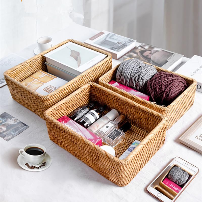 Rieten opbergmand, natuurlijk gevlochten opbergbox, decoratieve gevlochten mand voor keuken, badkamer (rechthoekig, 3 stuks)