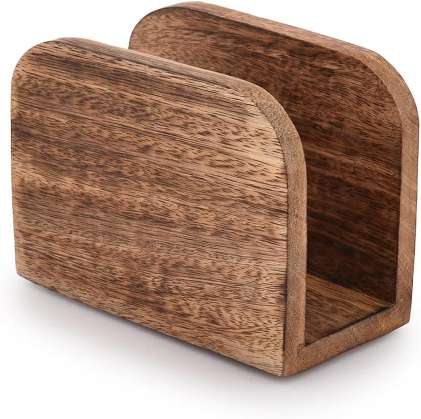 Servethouder van mangohout met gebrand afwerking voor de keuken, staande papieren servethouder voor thuis, feesten, restaurants, hotels, cafés, bars (14 cm x 6,3 cm x 10,2 cm)