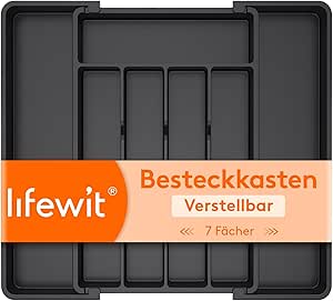 Bestekbak voor lades 40–50, verstelbare kunststof organizer voor de keuken, diepte 35 cm, bestekbak met 5–7 vakken, uitbreidbaar tot 41 cm, voor lepels