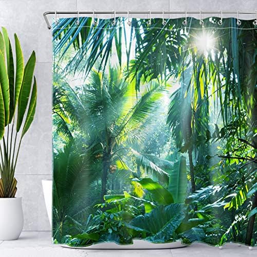 Green Forest douchegordijn, tropische bladeren, palmbomen, bananenbladeren – douchegordijn in jungle-design, extra brede uitvoering, waterdicht, schimmelbestendig, van polyester