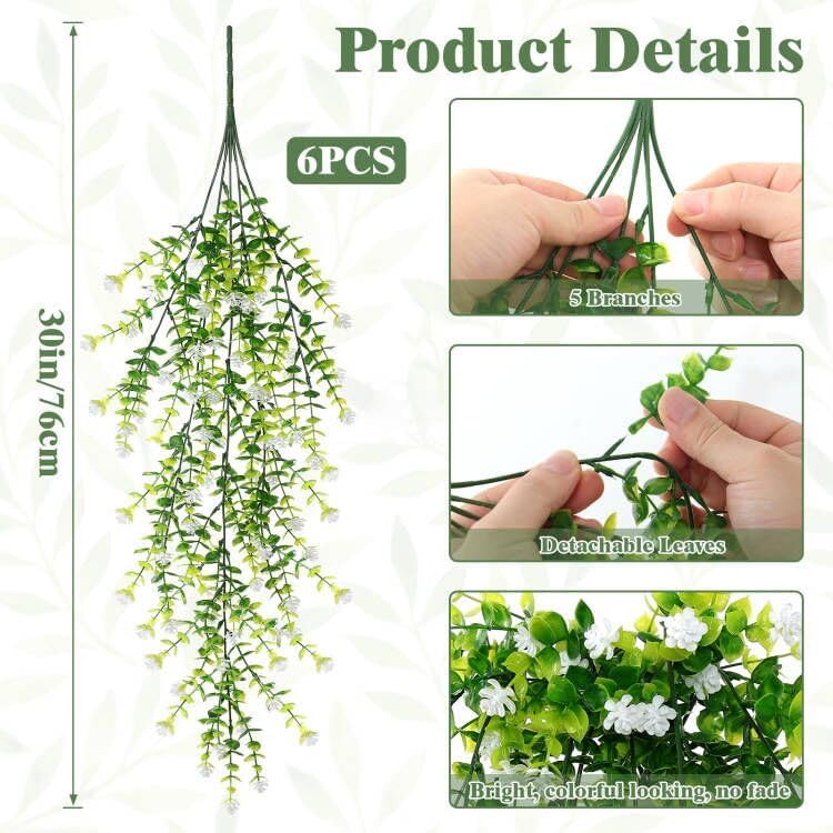 6 stuks kunstbloemen, voor buiten, weerbestendig, UV-bestendig, hangende kunstbloemen, balkonplant, kunstbloemen voor buiten, balkonbak, tuin, wit