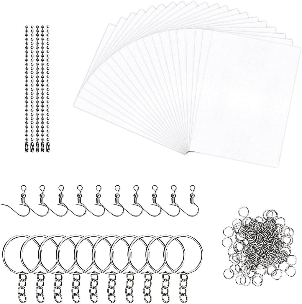 Set met 145 krimpfolie-sleutelhangers, 20 stuks krimpfolie voor knutselwerk, krimpfolieset met open lus, sleutelring, parelketting en oorhaakjes, krimpfolie