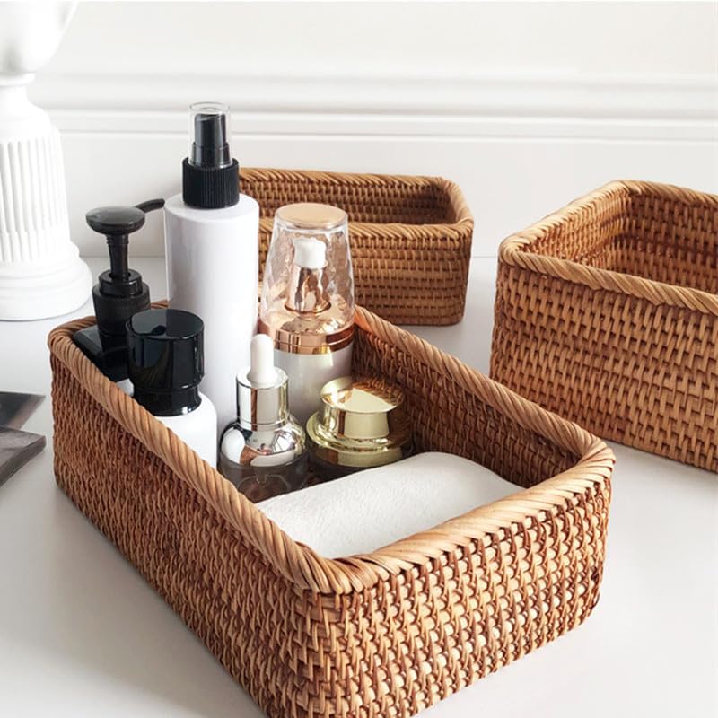 Rieten opbergmand, natuurlijk gevlochten opbergbox, decoratieve gevlochten mand voor keuken, badkamer (rechthoekig, 3 stuks)