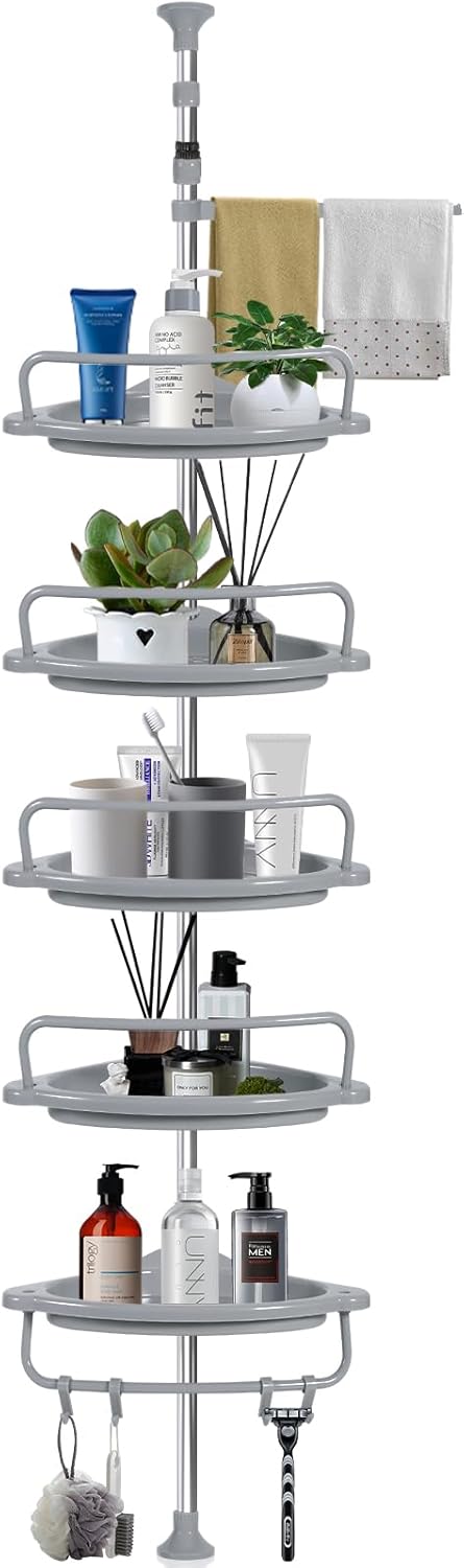 Badkamerrek, telescopisch rek, doucherek, in hoogte verstelbaar 100–320 cm, roestvrij staal, zonder boren, 5 planken, 4 haken, 1 handdoekhouder, gri
