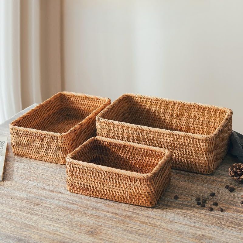 Rieten opbergmand, natuurlijk gevlochten opbergbox, decoratieve gevlochten mand voor keuken, badkamer (rechthoekig, 3 stuks)