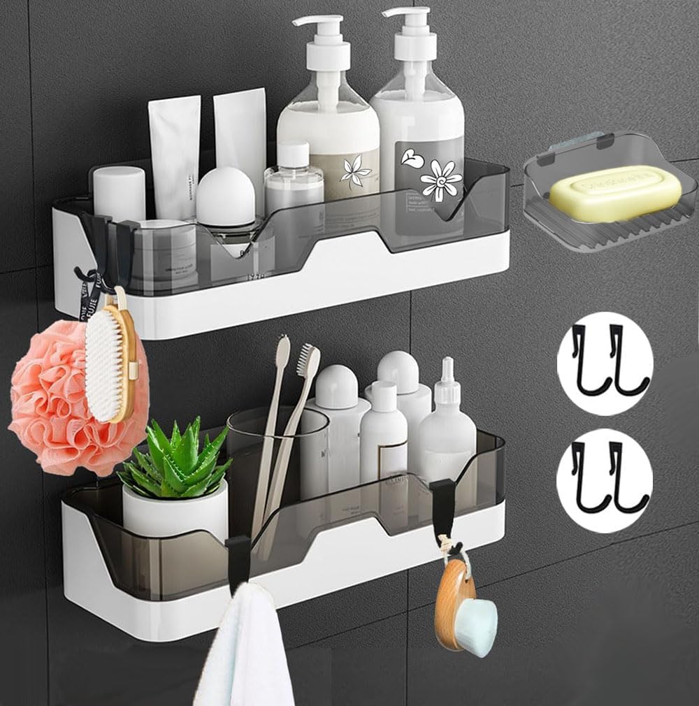 Set van 2 badkamerplanken, badkamerplanken zonder boren, doucheplank, douchemanden van kunststof, wandmontage voor keuken en badkamer (met 1 zeepbakje)