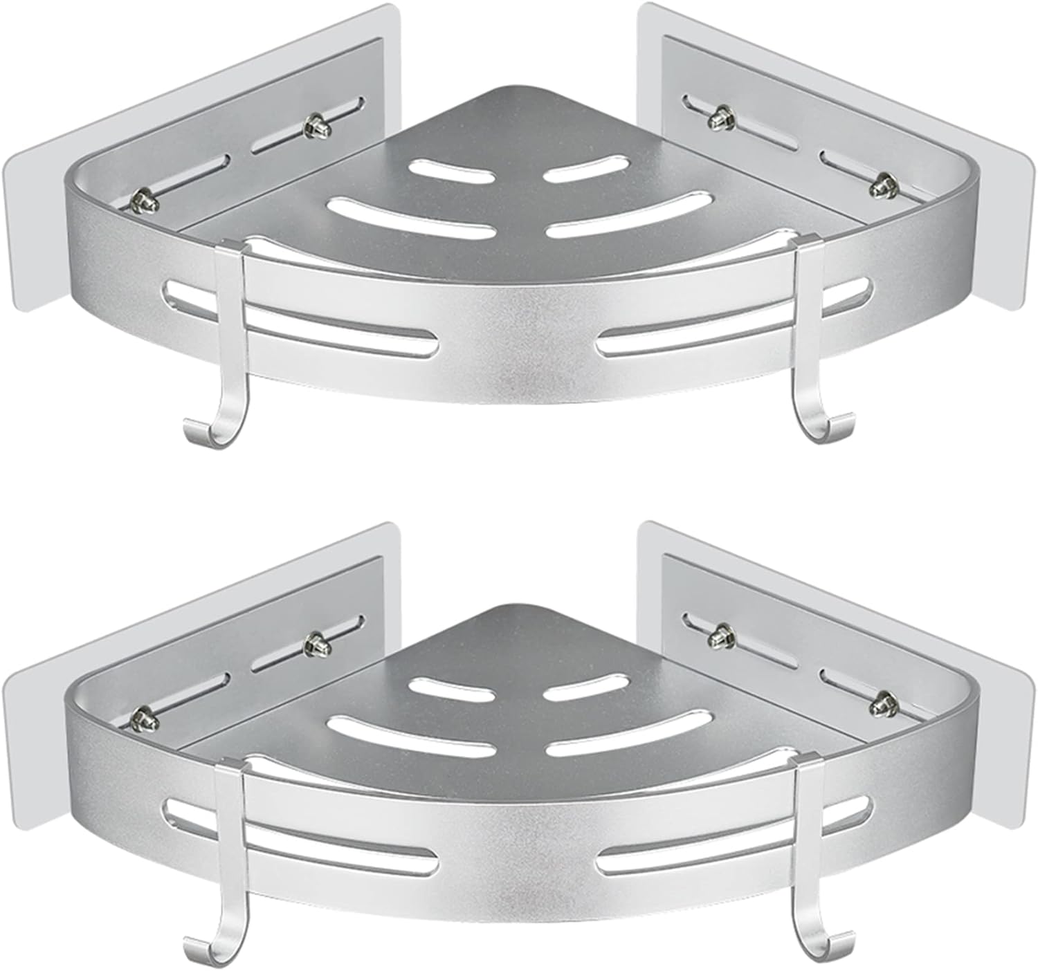 Doucheplank Hoekdoucheplank, boren niet nodig, douchemand, wandmontage met zelfklevende pad, zilverkleurig aluminium, set van 2, douchegel- en shampoohouder, hoekplank