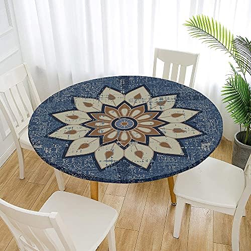 Tafelkleed voor buiten, rond, 120 cm, elastisch, rond, afwasbaar, waterafstotend, lotuseffect, tuintafelkleed, blauw, mandala, tafelkleed, ideaal voor