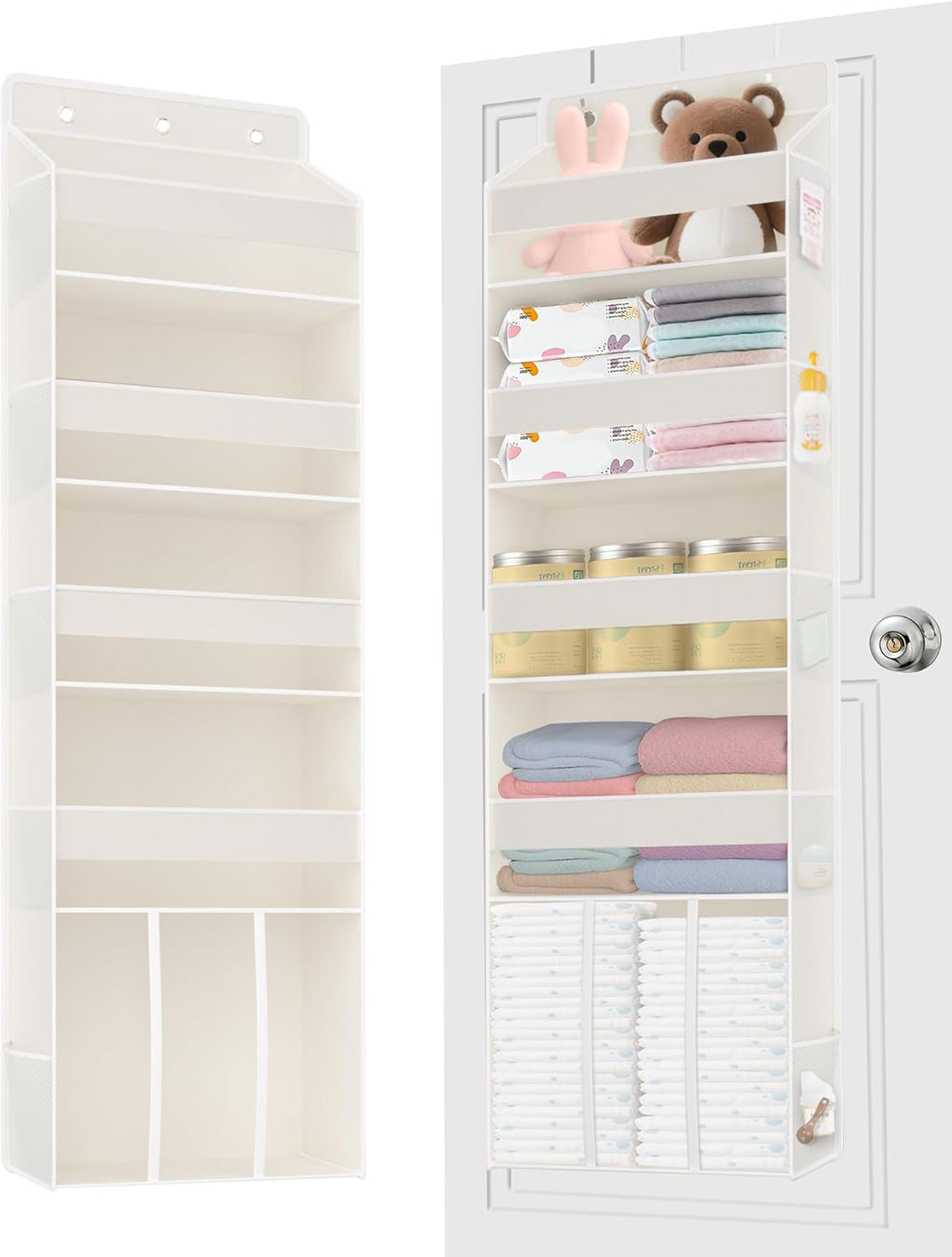 Deurorganizer om op te hangen met 5 vakken, 1 ruime bak en 10 zijvakken, luiertasorganizer voor de babykamer, ophangbare opbergruimte voor de deur