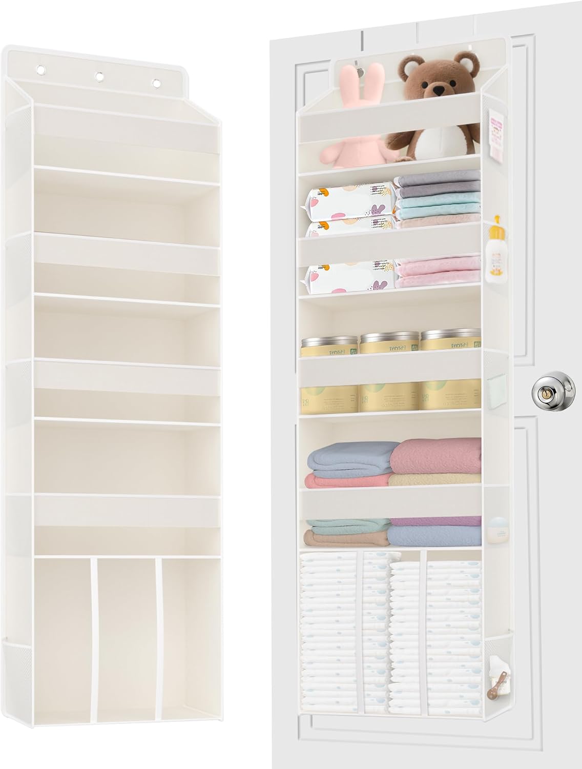 Deurorganizer om op te hangen met 5 vakken, 1 ruime bak en 10 zijvakken, luiertasorganizer voor de babykamer, ophangbare opbergruimte voor de deur