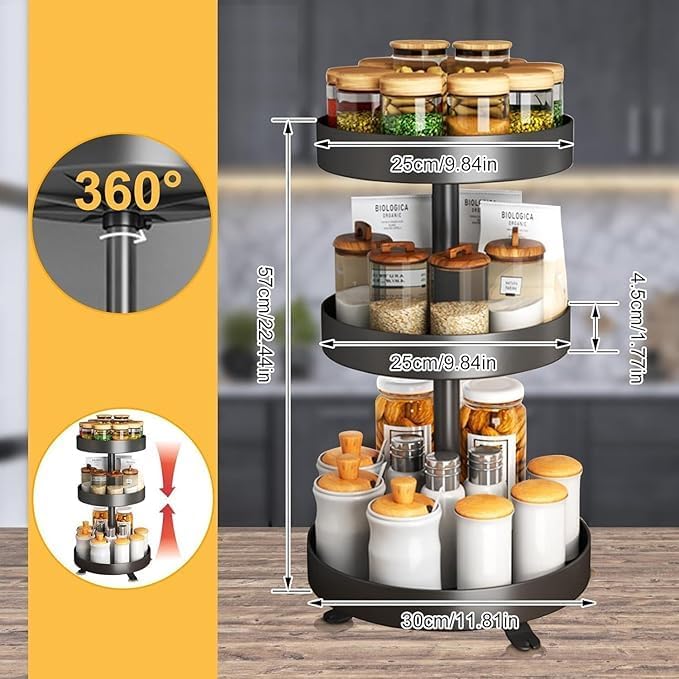 Kruidenrek, draaibaar, draaiplateau, organizer, draaibaar kruidenrek, koolstofstaal, keukenorganizer, in hoogte verstelbaar, kruidenrek voor kruidenpotjes, cosmetica, schoonmaakmiddelen