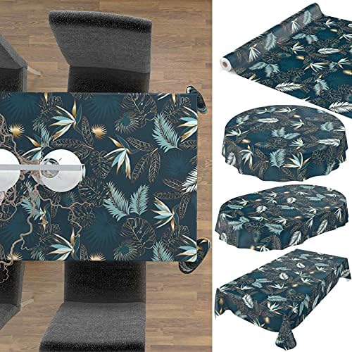 Wasbaar tafelkleed met waslaag, marmer, goud, blauwe bladeren