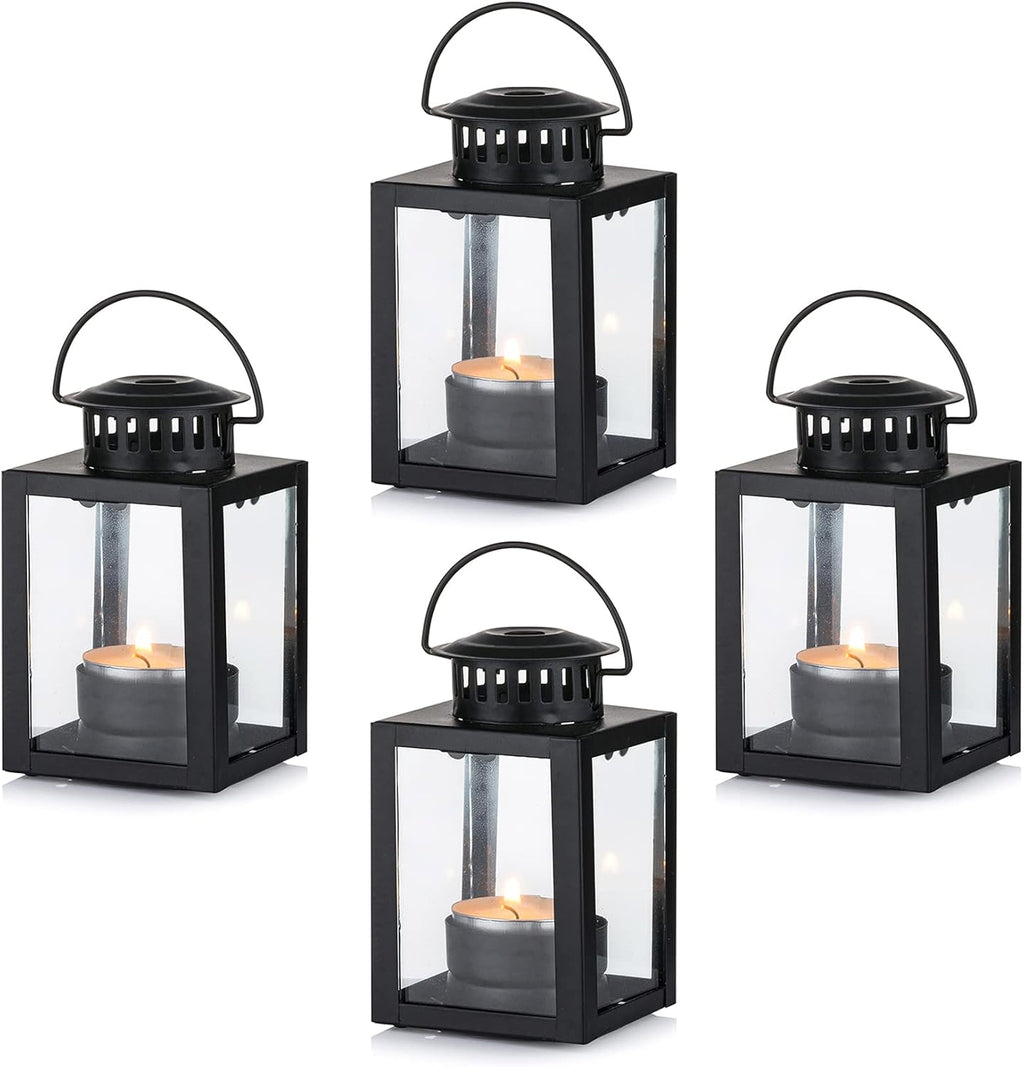 Kleine lantaarn voor theelichtjes voor buiten: set van 4 mini-theelichtlantaarns, kleine zwarte lantaarn voor buiten, tuinlantaarn, kaarsen, metalen hanglantaarn voor theelichtjes