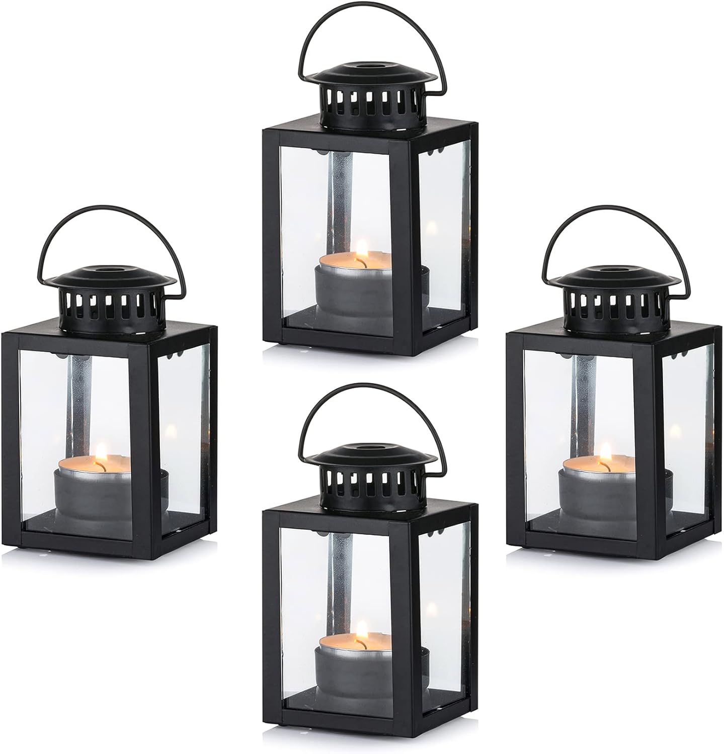 Kleine lantaarn voor theelichtjes voor buiten: set van 4 mini-theelichtlantaarns, kleine zwarte lantaarn voor buiten, tuinlantaarn, kaarsen, metalen hanglantaarn voor theelichtjes