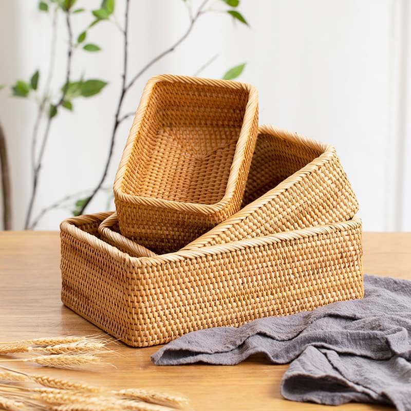 Rieten opbergmand, natuurlijk gevlochten opbergbox, decoratieve gevlochten mand voor keuken, badkamer (rechthoekig, 3 stuks)