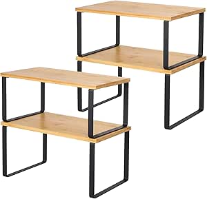 Keukenkast-organizer 4-delige set, keukenrek, keukenorganizer van metaal en bamboe, uitbreidbaar en stapelbaar, kast-organizer, kruidenrek