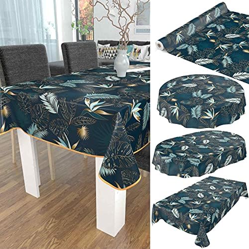 Wasbaar tafelkleed met waslaag, marmer, goud, blauwe bladeren