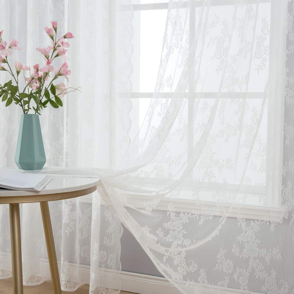Kanten gordijn met kettingeffect, gordijn met oogjes en kant, transparant speciaal decoratief gordijn, halfdoorzichtig, doorschijnend voor woonkamer, kinderkamer