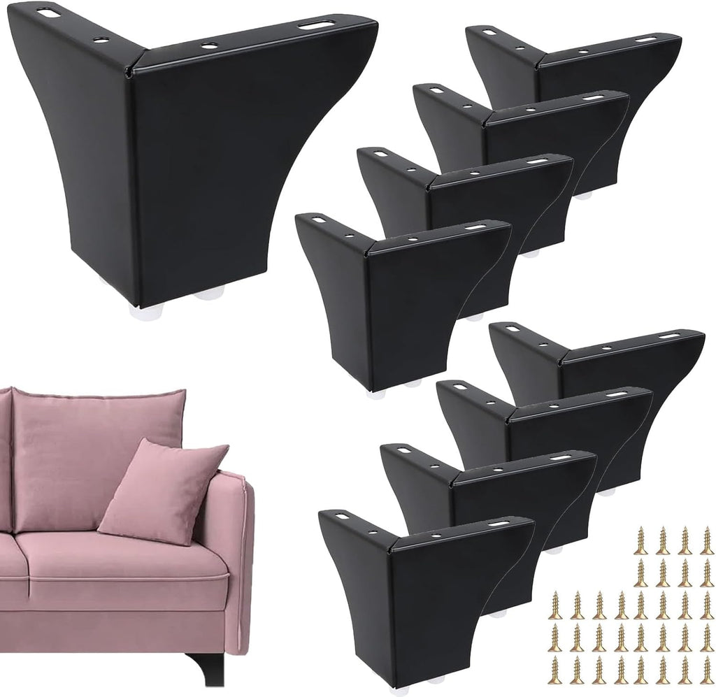 Set van 8 meubelpoten, zwart, 10 cm, metalen meubelpoten, meubelpoten, bankpoten, metaal, voor kasten, tafels, banken, nachtkastjes, met schroeven