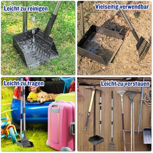 Hondenpoepverzamelaar, afneembaar, set van 2 hondenpoepschepjes voor tuin, gazon, poepschep en hark, metalen hark en schep voor grote en middelgrote honden met lange verstelbare
