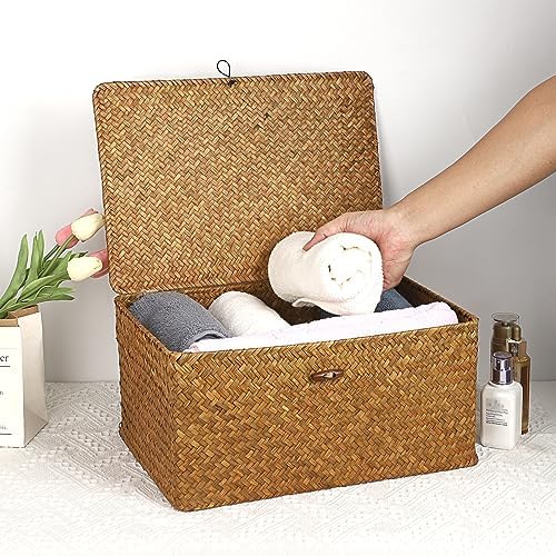 Zeegras opbergmand met deksel, gevlochten rieten mand, bureau mand, rechthoekig, badkamer, opbergdoos, woonkamer, decoratief, onder plank, mand, multifunctioneel