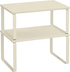 Kruidenrek, set van 2 keukenorganizers, keukenrek, kastorganizer voor de keuken, uitbreidbaar, klein rek, stapelbaar, van metaal en houtcomposiet, crèmewit
