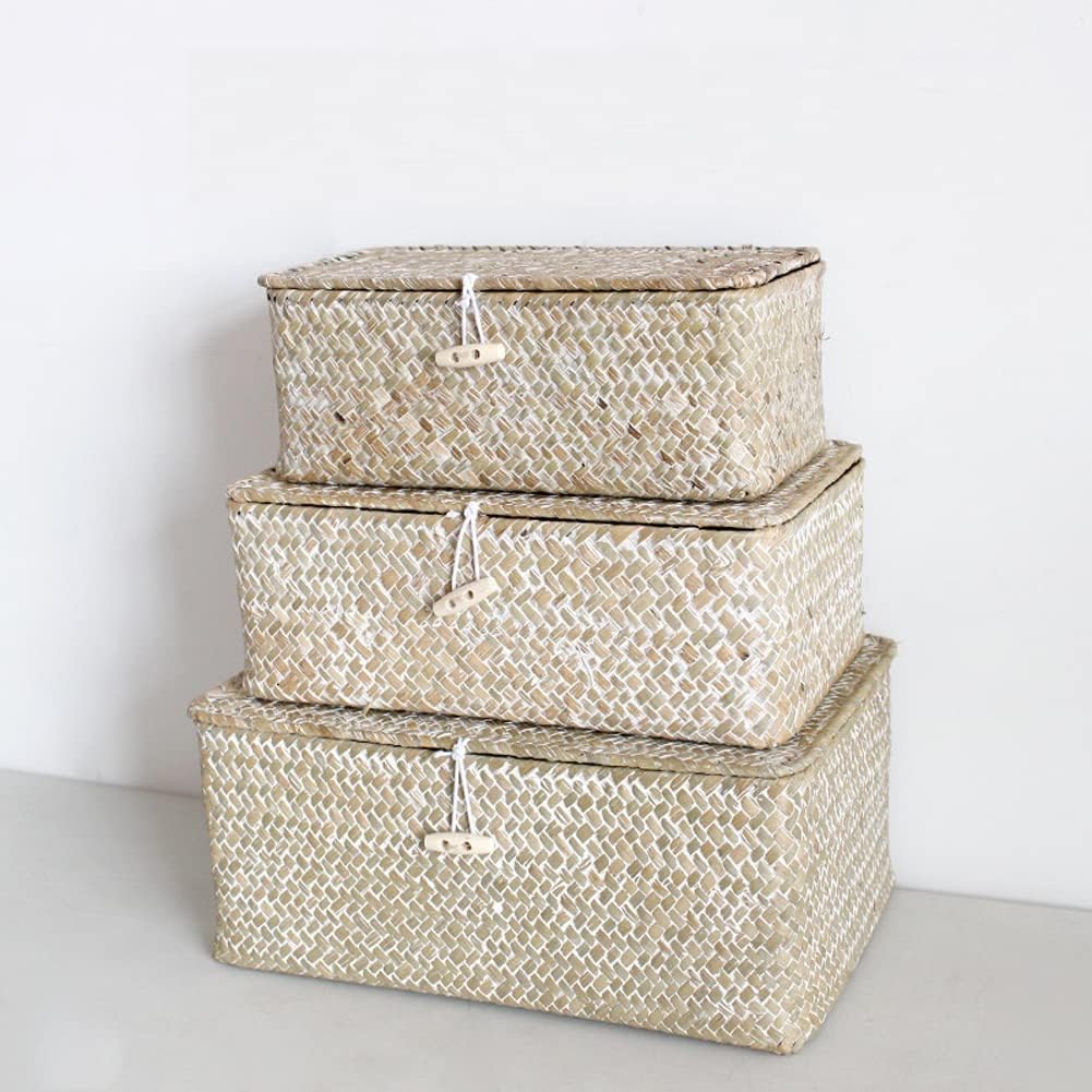Zeegras opbergmand met deksel, handgevlochten rechthoekige rotanbox voor speelgoed, kleding, boeken, sleutels, make-up organizer, set van 3 opbergmanden