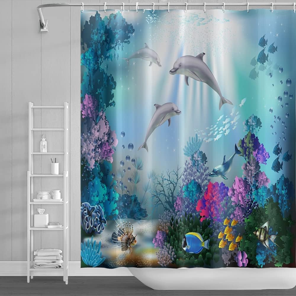 165 x 183 cm douchegordijn met dolfijnen, zonnestralen, kleurrijke tropische vissen, onderwaterwereld en zeedieren voor de badkamerdecoratie