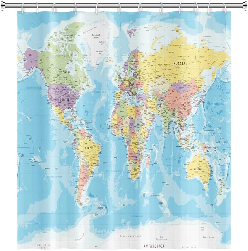 180 x 180 cm Wereldkaart douchegordijn Landen en steden Geografie leerzame douchegordijn voor kinderen Blauwe oceaan Continenten douchegordijn Stof W