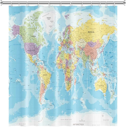 180 x 180 cm Wereldkaart douchegordijn Landen en steden Geografie leerzame douchegordijn voor kinderen Blauwe oceaan Continenten douchegordijn Stof W
