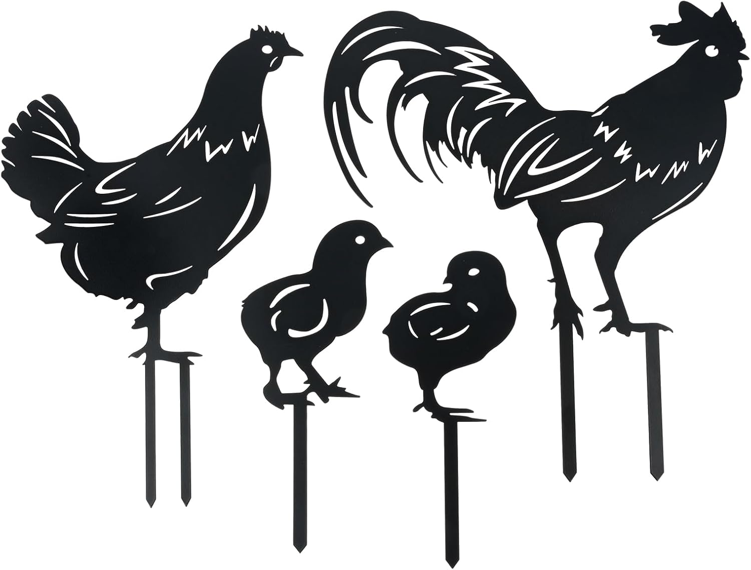 4 metalen kippen, tuindecoratie, haan-decoratie, tuinbordjes, kippendecoratie, handgemaakte tuinfiguren voor buiten, binnenplaats, schutting, tuin (zwart)