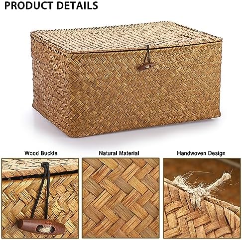 Zeegras opbergmand met deksel, gevlochten rieten mand, bureau mand, rechthoekig, badkamer, opbergdoos, woonkamer, decoratief, onder plank, mand, multifunctioneel